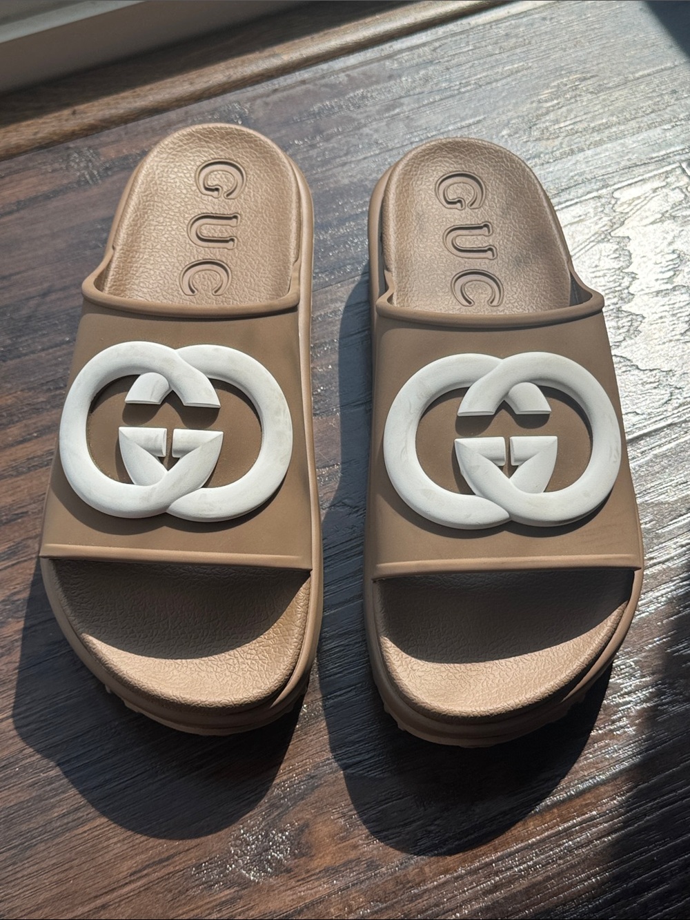 Gucci Tan Slide Sandals with White Interlocking G